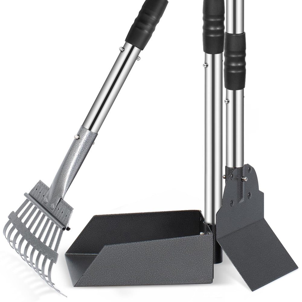 Heeyoo dog poop scooper set shown from the front with its tray, spade, rake and handle.