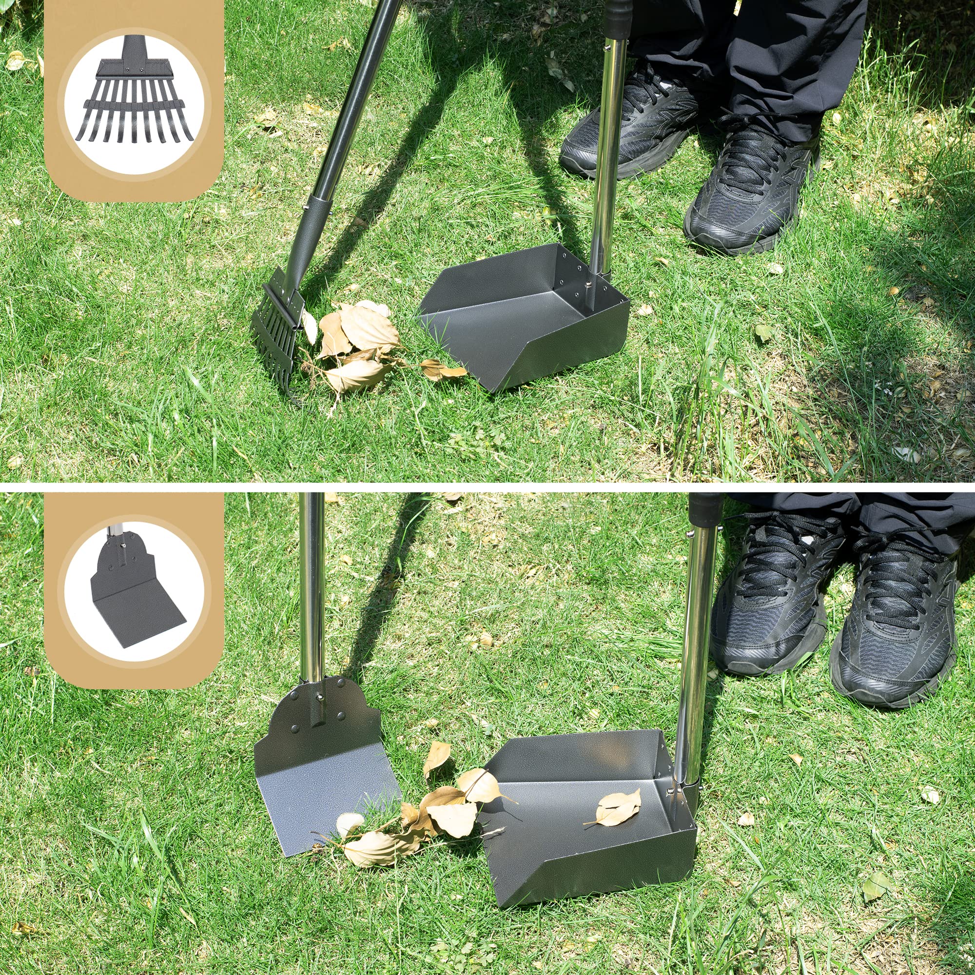 Heeyoo dog poop scooper set shown being used for outdoor yard cleanup.