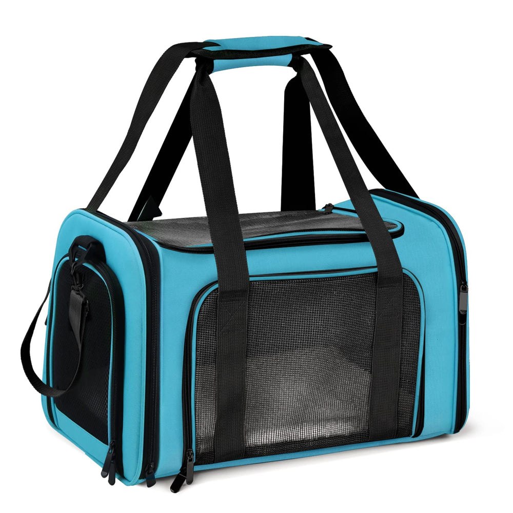Henkelion pet carrier shown from the front in blue.