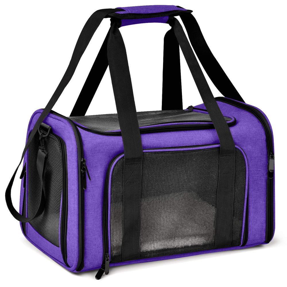 Henkelion pet carrier shown from the front in purple.