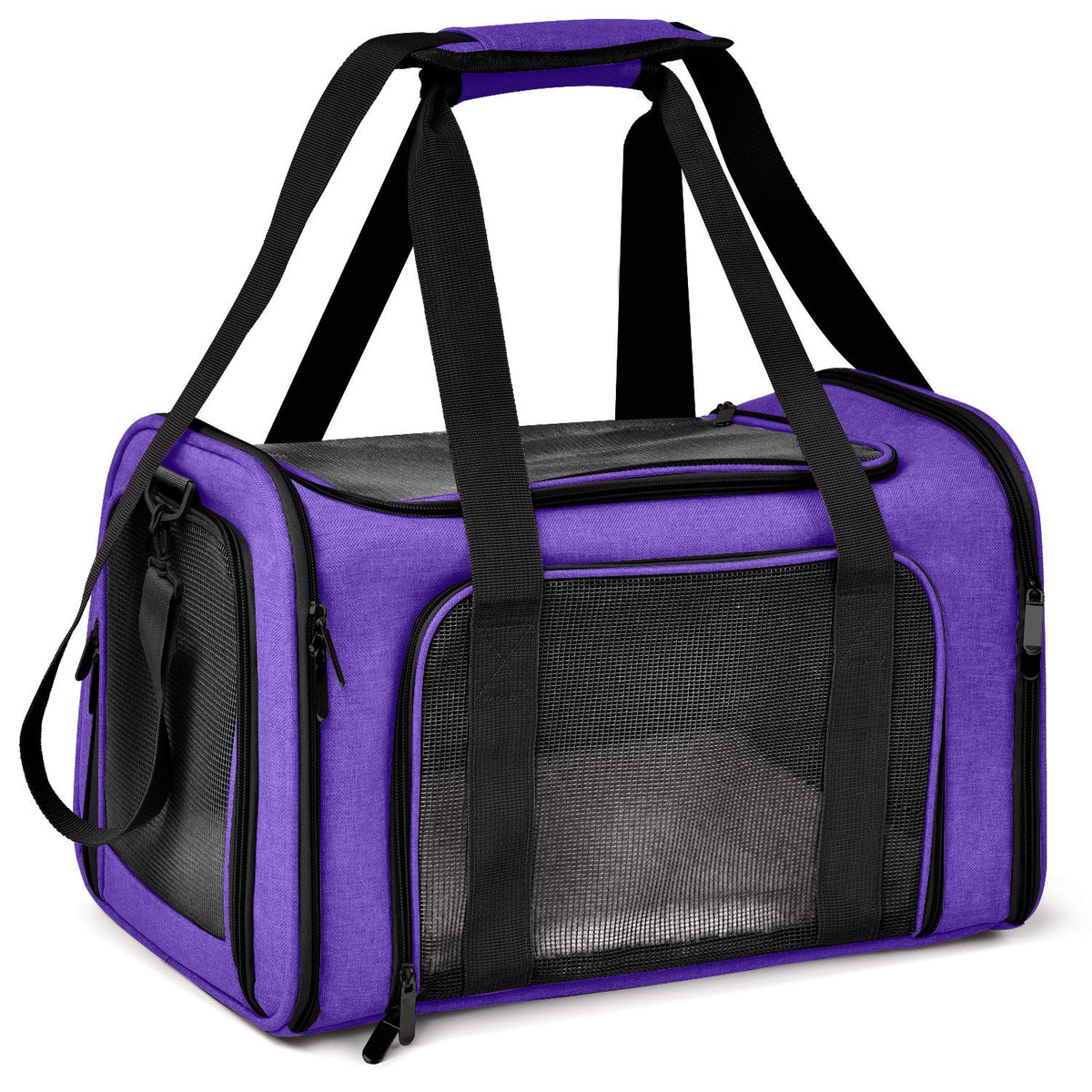 Henkelion pet carrier shown from the front in purple.