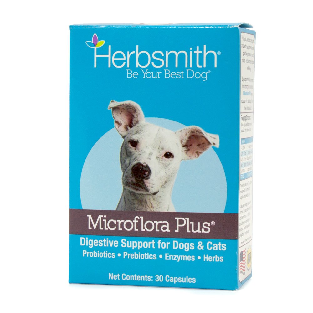Herbsmith Microflora Plus dog digestion aid shown in a front product view.