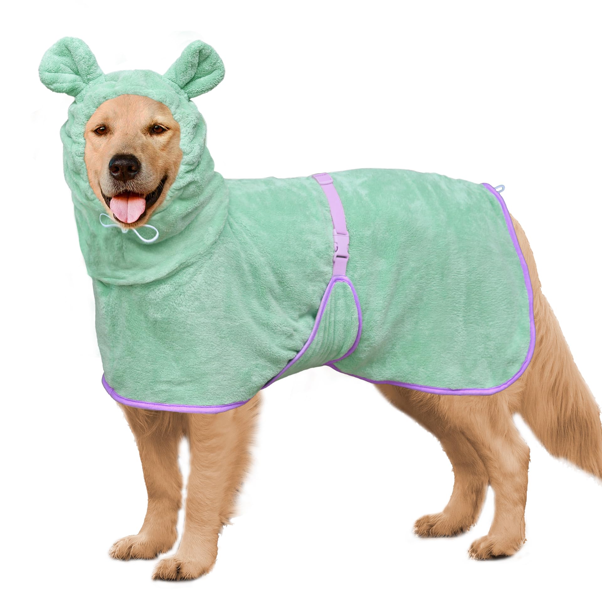 HhiMyOct dog bathrobe shown from the front in light green.