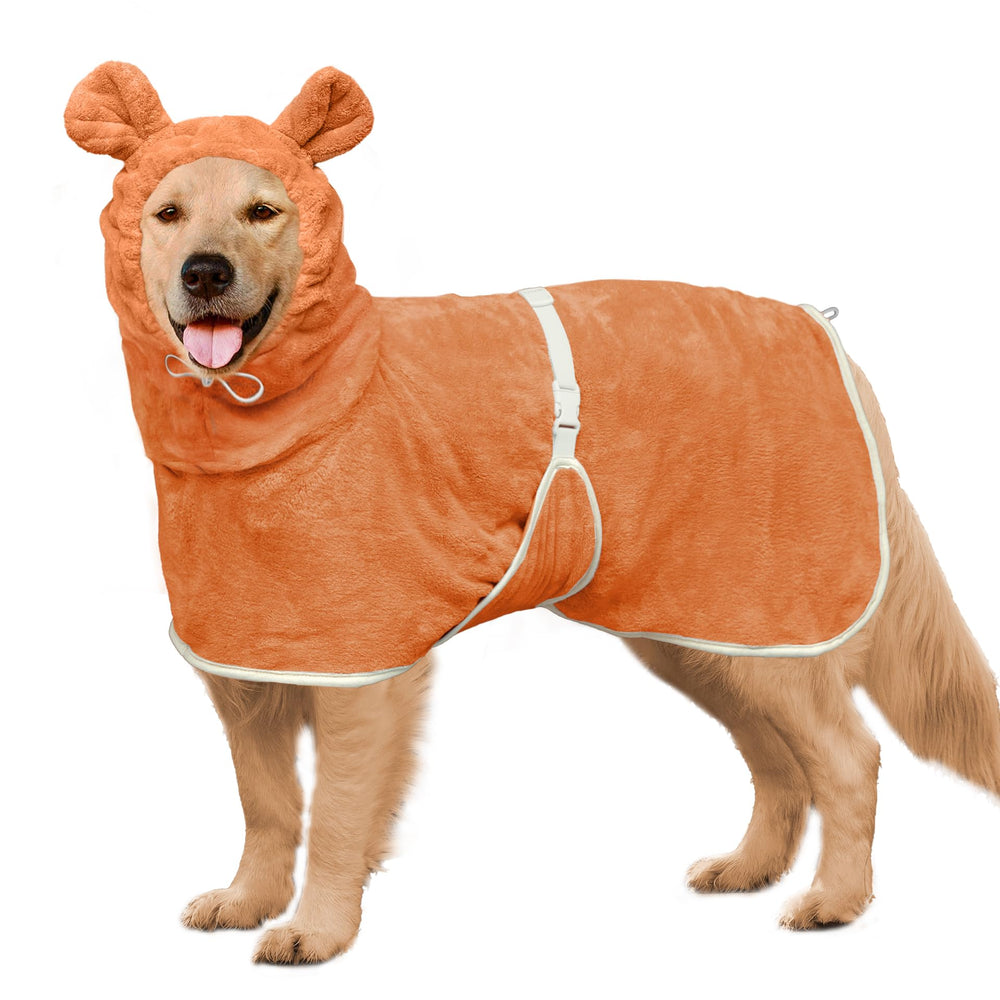 HhiMyOct dog bathrobe shown from the front in orange.