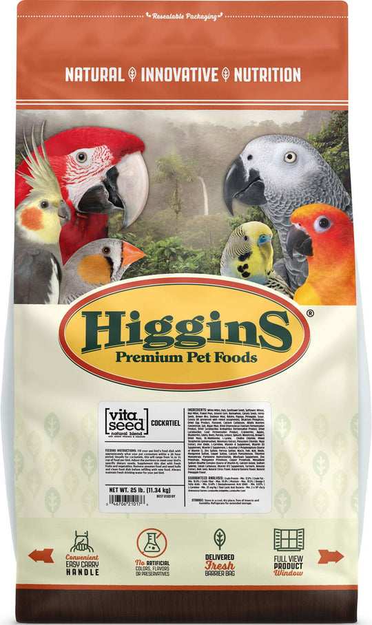 Higgins Vita Seed cockatiel food package shown from the front.