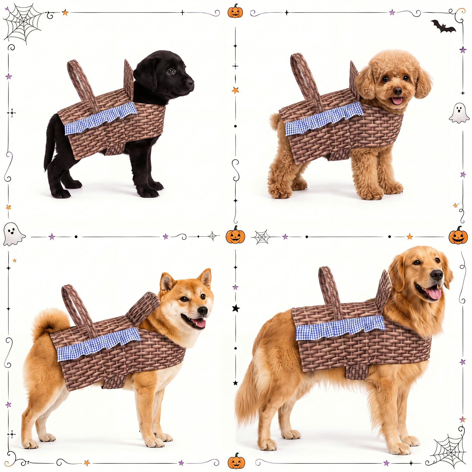 Hillban dog basket costume showing the wrap-around vest shape and open leg area.