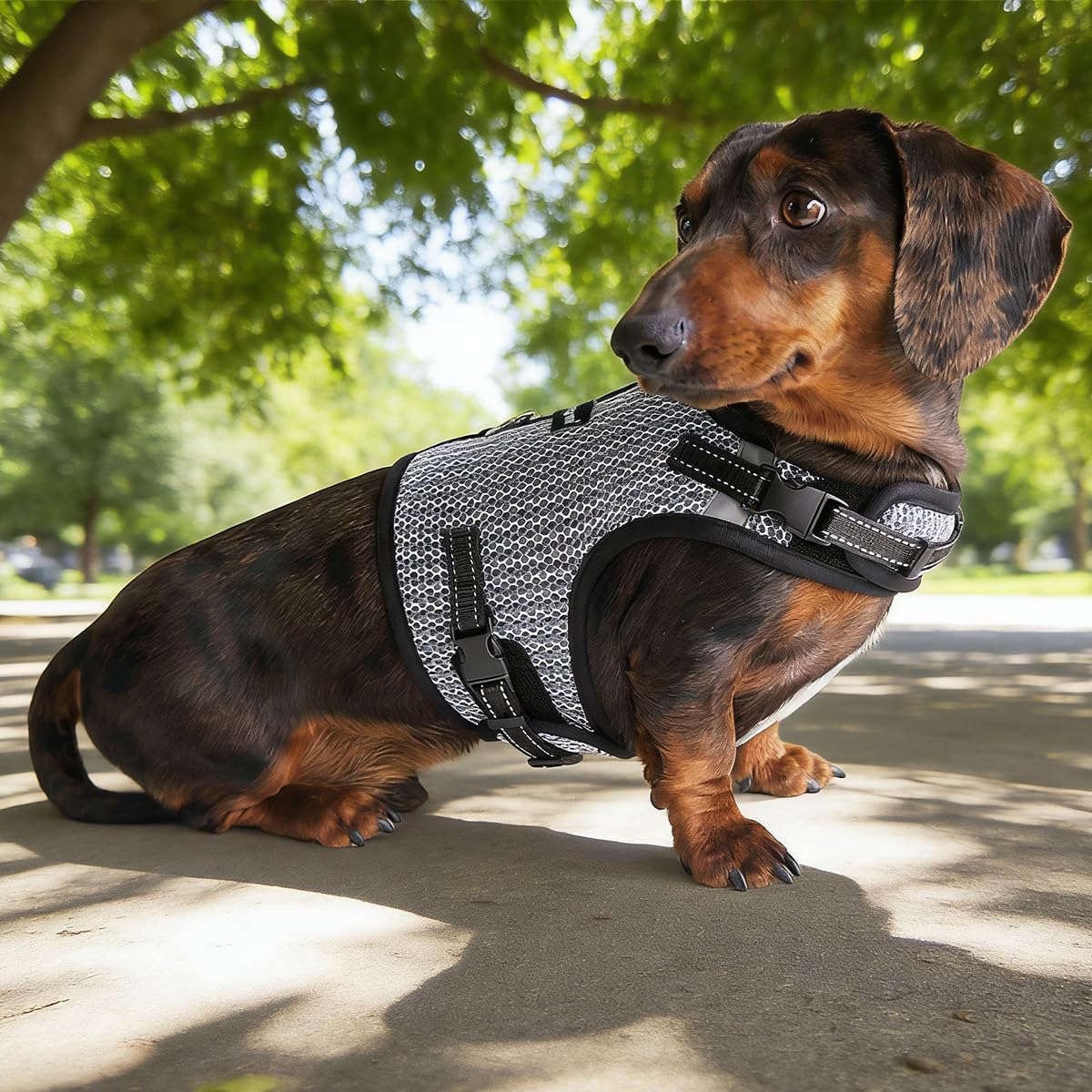 Hilspace Dachshund Harness detail showing its adjustable straps.