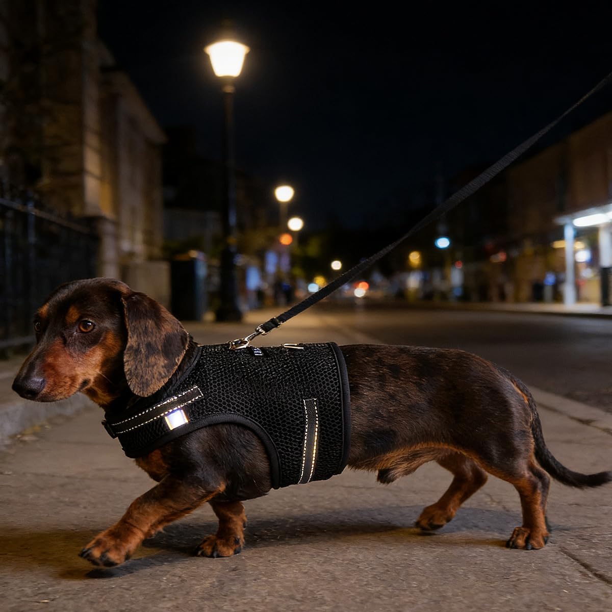 Hilspace dachshund harness detail showing its reflective elements.