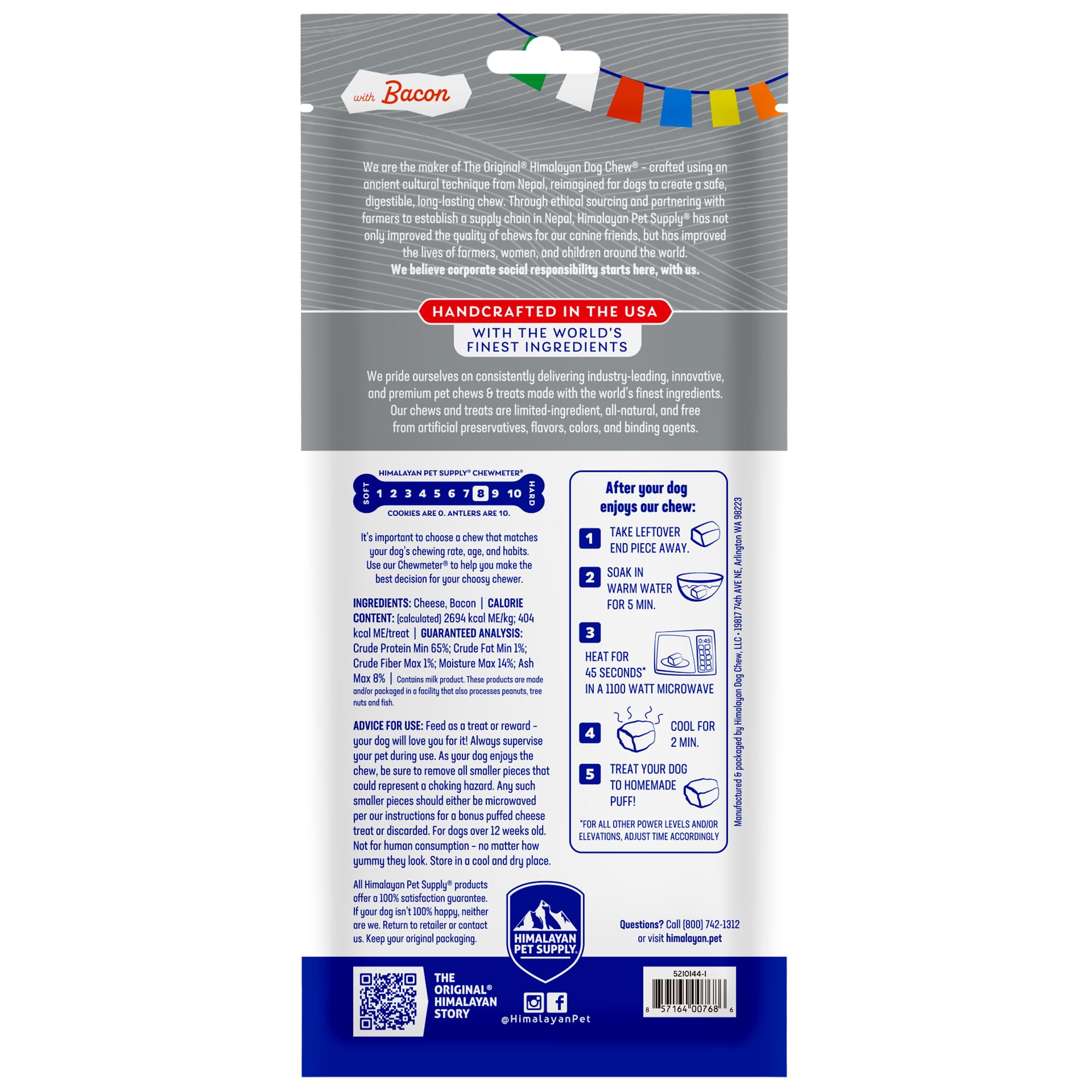 Himalayan Dog Chew bacon yak cheese dog chew label showing the product variety.