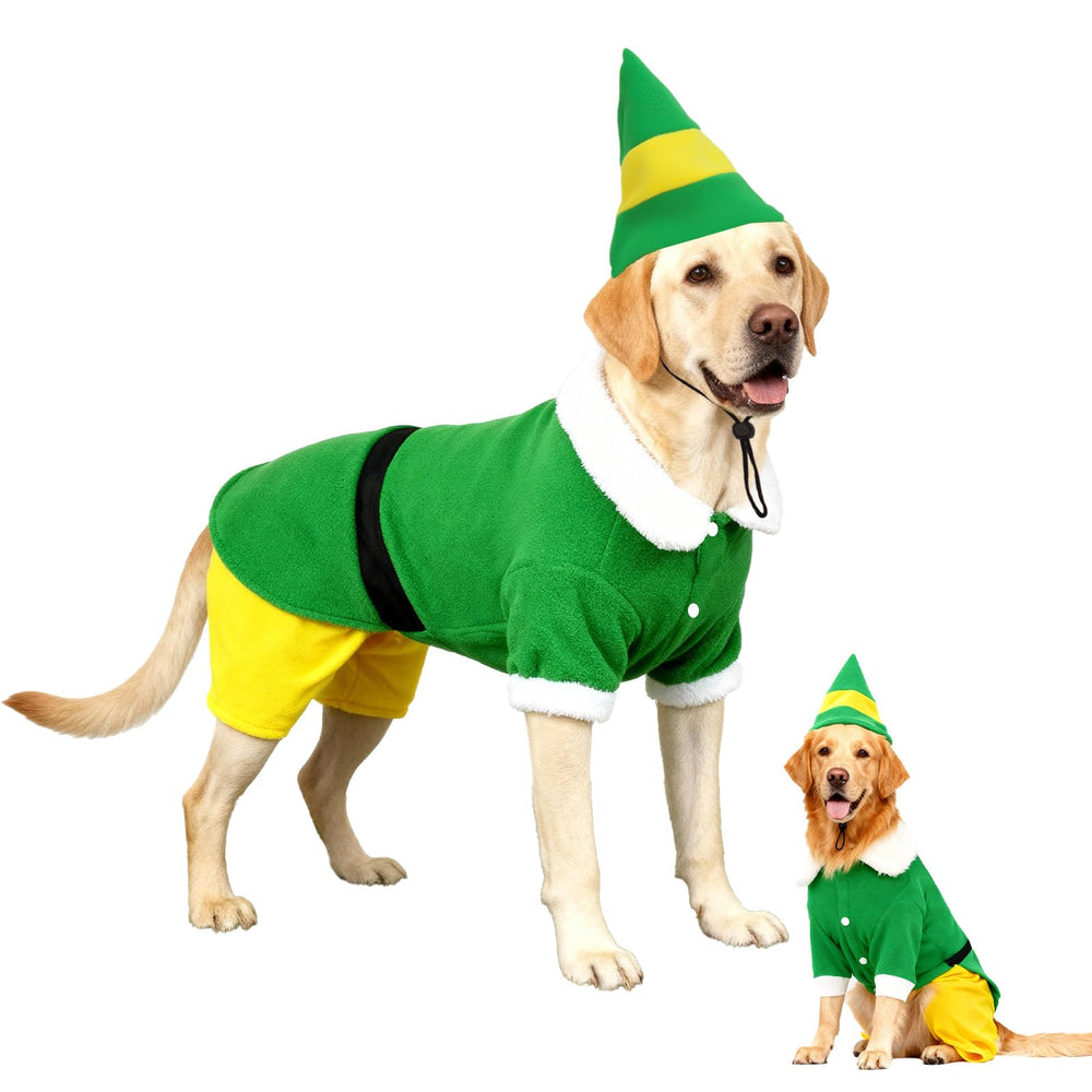 Hladce dog elf costume shown from the front with its festive outfit and cap.
