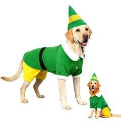Hladce dog elf costume shown from the front with its festive outfit and cap.