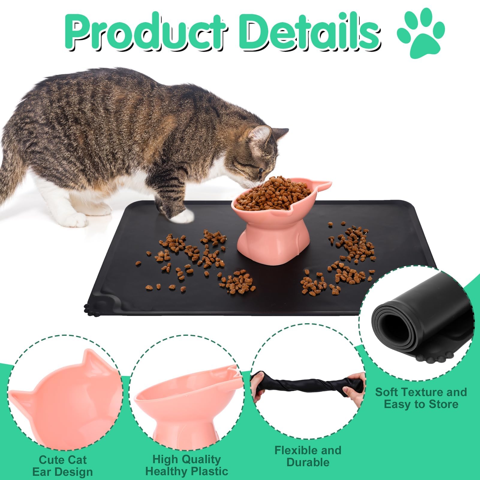 Hoemwarm elevated cat bowl set showing the green, blue-gray, and pink bowls.