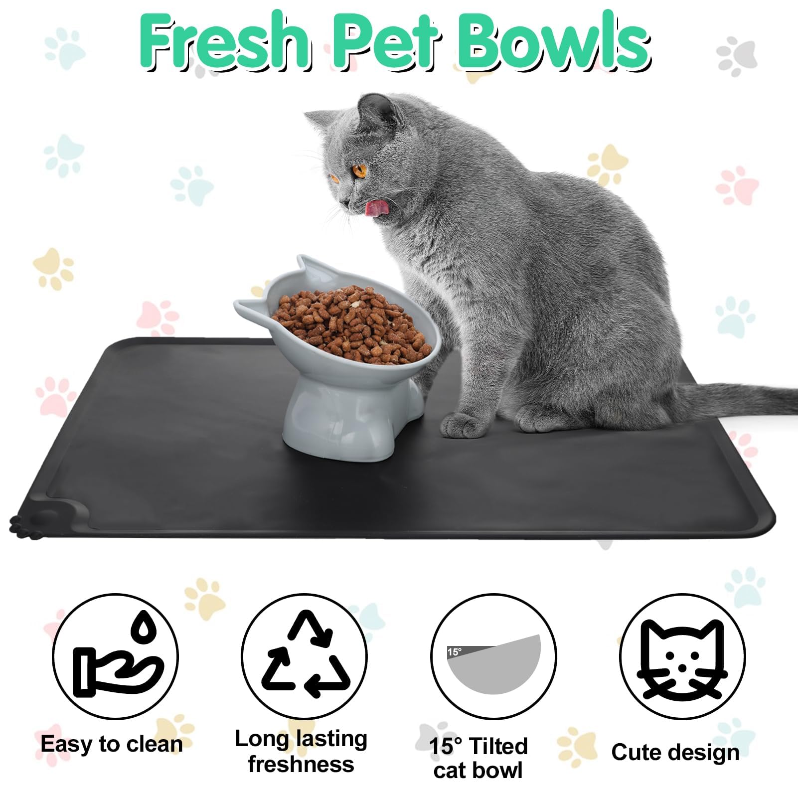 Hoemwarm elevated cat bowls arranged together on the silicone feeding mat.