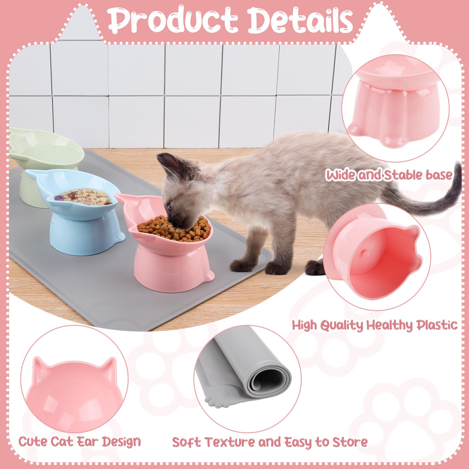 Hoemwarm raised cat bowls displayed in green, blue-gray, and pink.