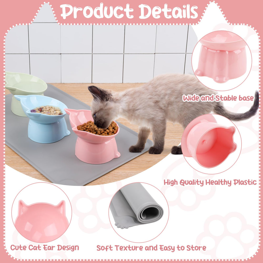 Hoemwarm raised cat bowls displayed in green, blue-gray, and pink.