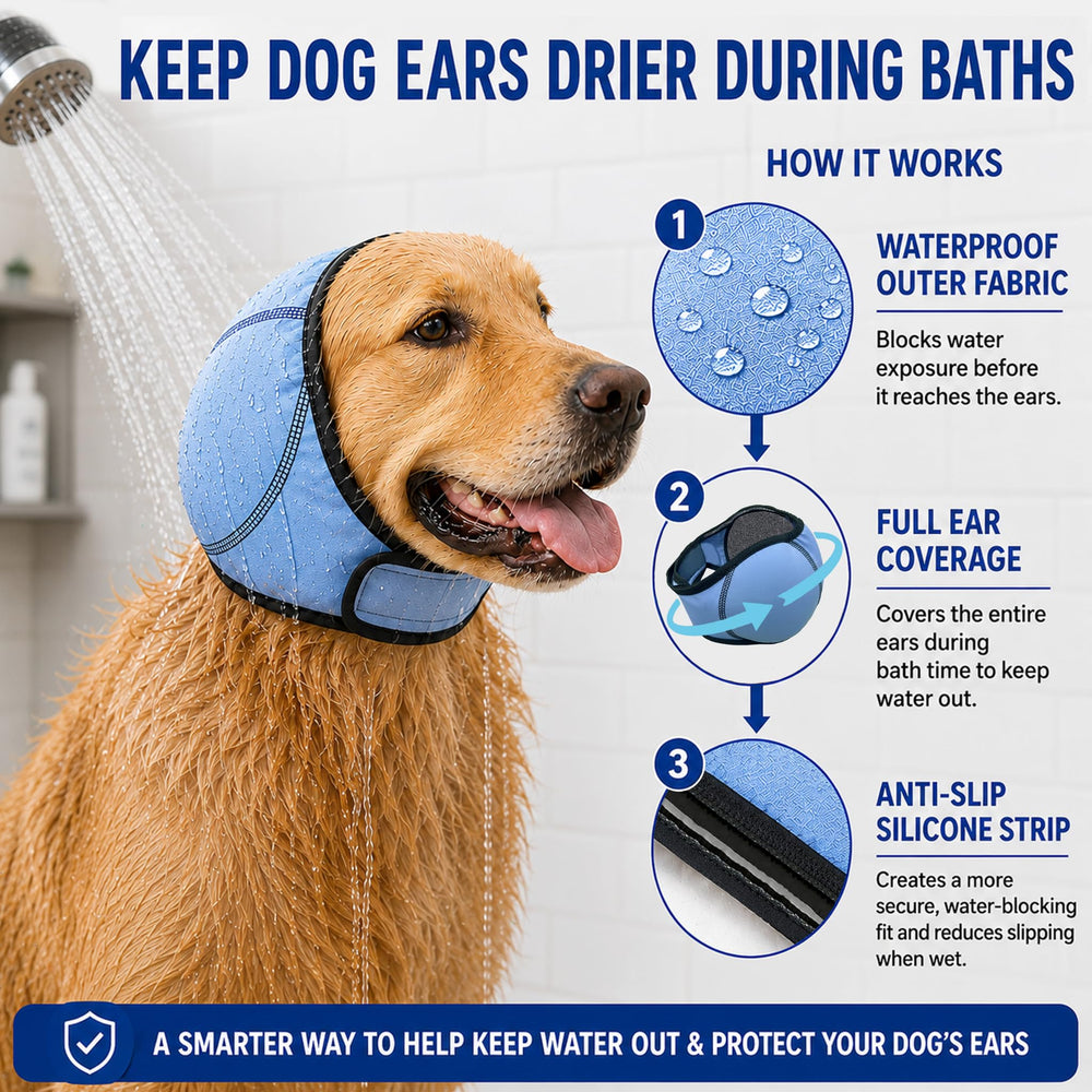 HOFI dog ear cover worn by a dog during a bath.