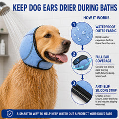 HOFI dog ear cover worn by a dog during a bath.