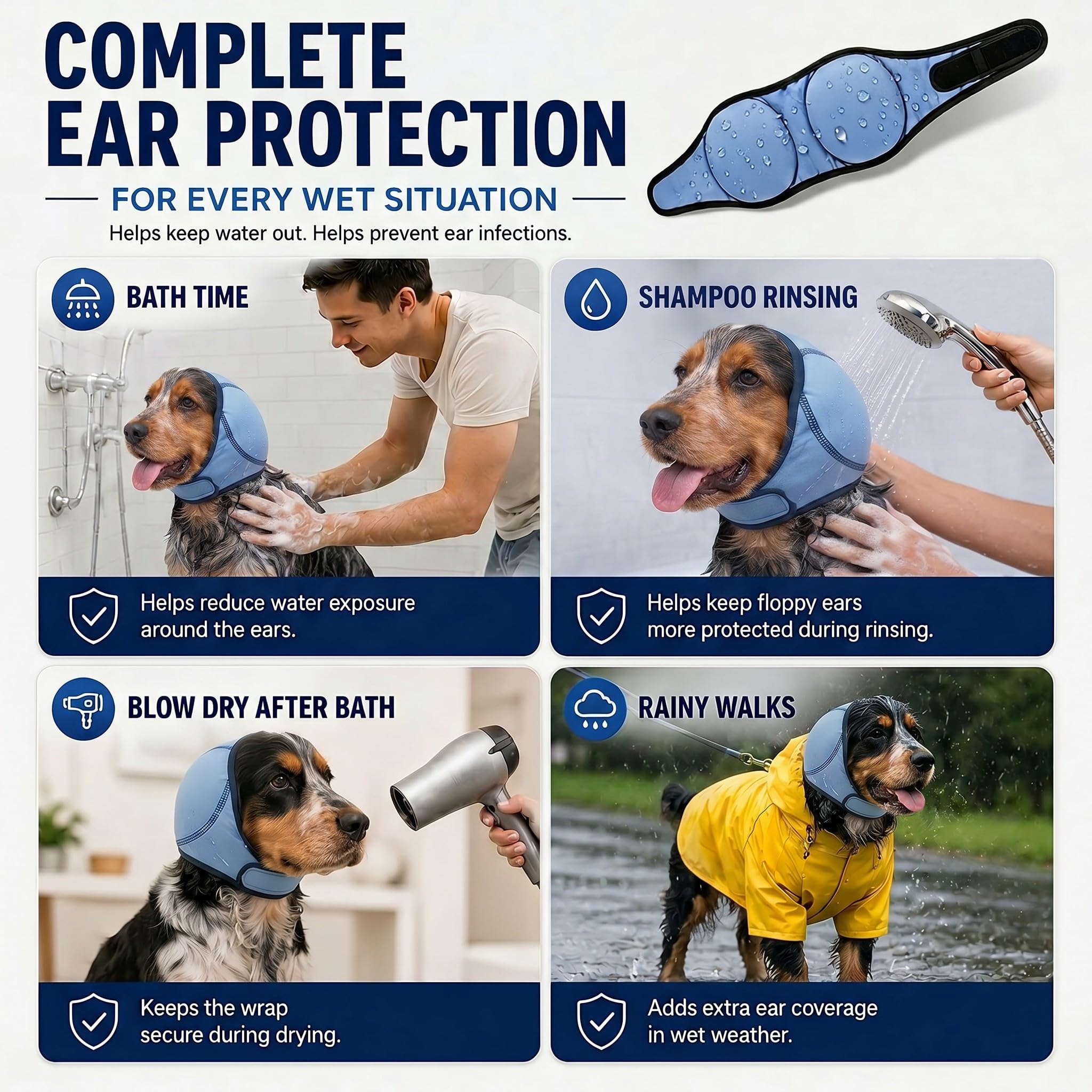 HOFI Dog Ear Covers being worn by a dog during bath time.