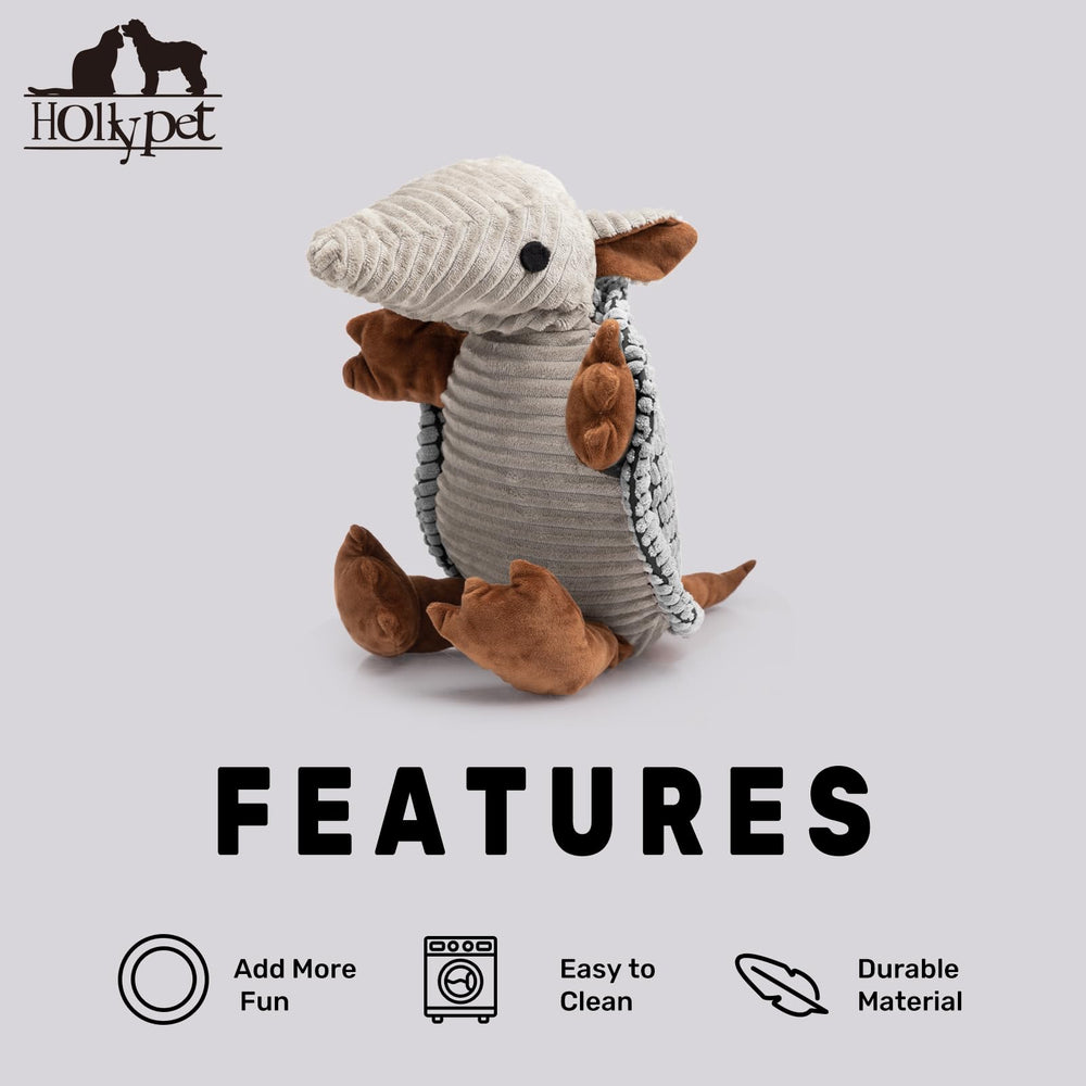 Hollypet Armadillo Squeaky Dog Toy shown in multiple color options.