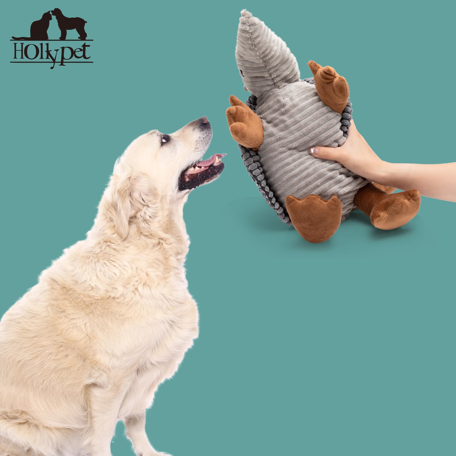 Hollypet Armadillo Squeaky Dog Toy shown during interactive play.