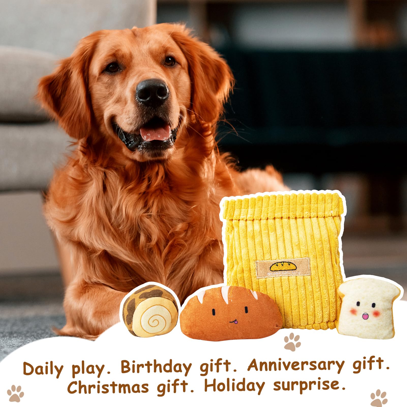 Hollypet Bread dog toy shown with its smaller toys.