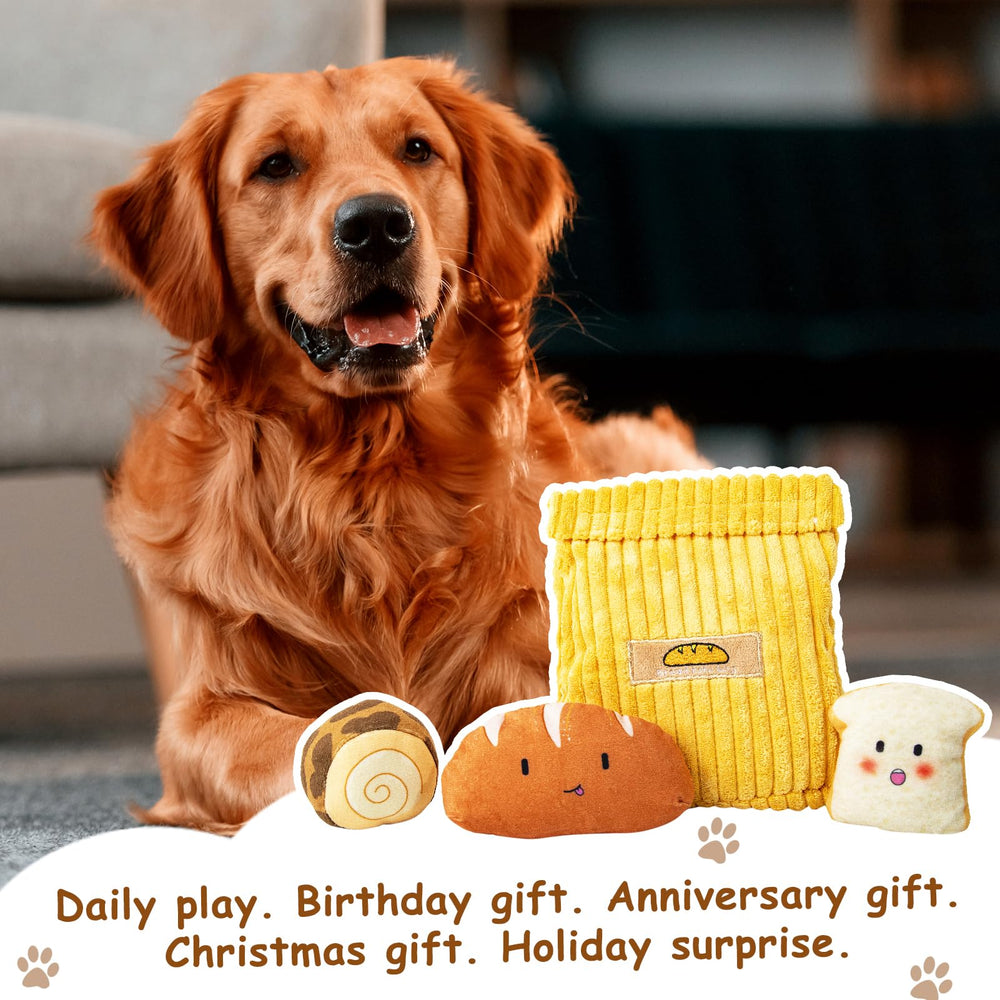 Hollypet Bread dog toy shown with its smaller toys.