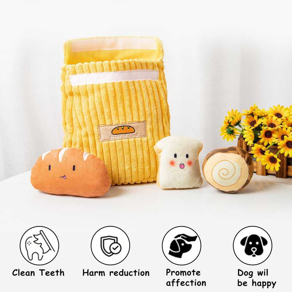 Hollypet Bread dog toy with its soft plush fabric in close view.
