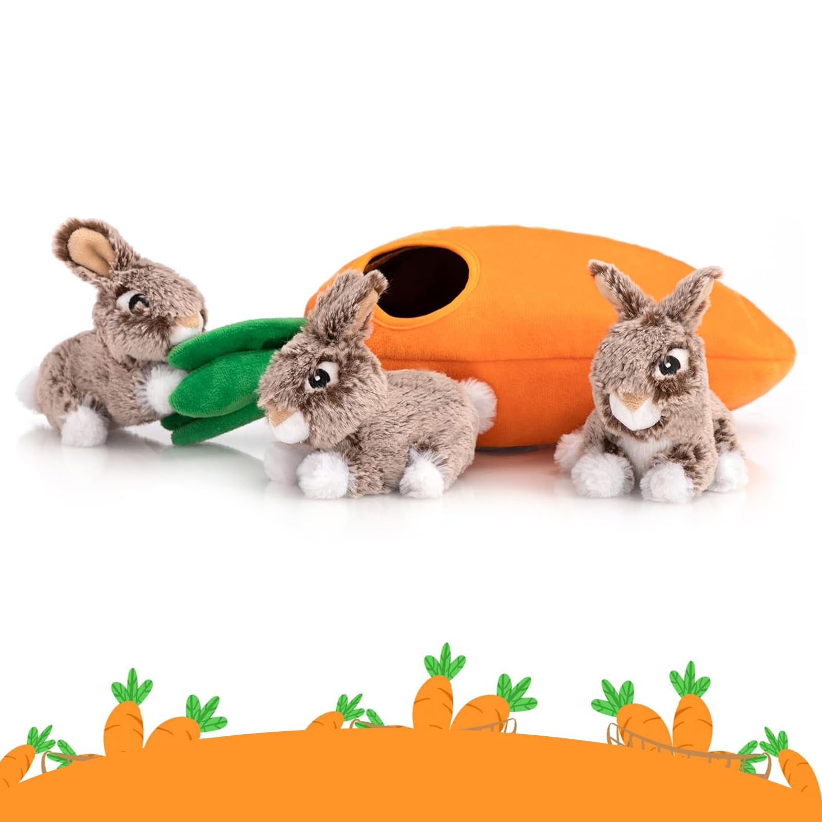 Hollypet Rabbit dog toy with its small squeaky chew toys displayed.