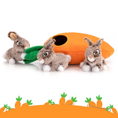 Hollypet Rabbit dog toy with its small squeaky chew toys displayed.