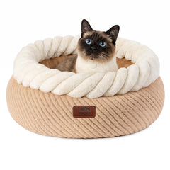 Hollypet round cat bed shown from the front in oatmeal.