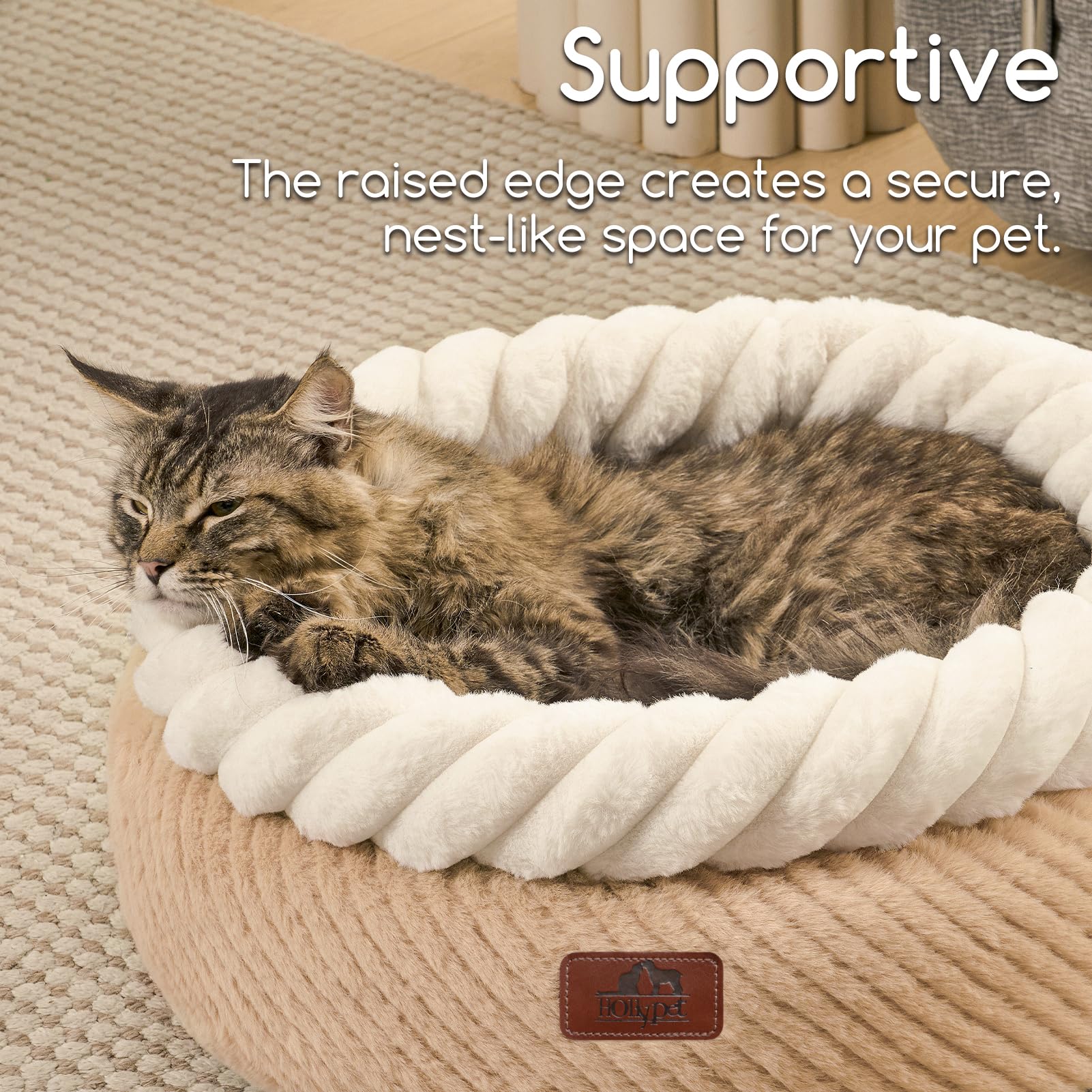Hollypet round cat bed underside showing the non-slip bottom.
