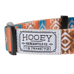 HOOEY Nomad dog collar close-up showing its printed Aztec Dirty Turq polyester webbing.
