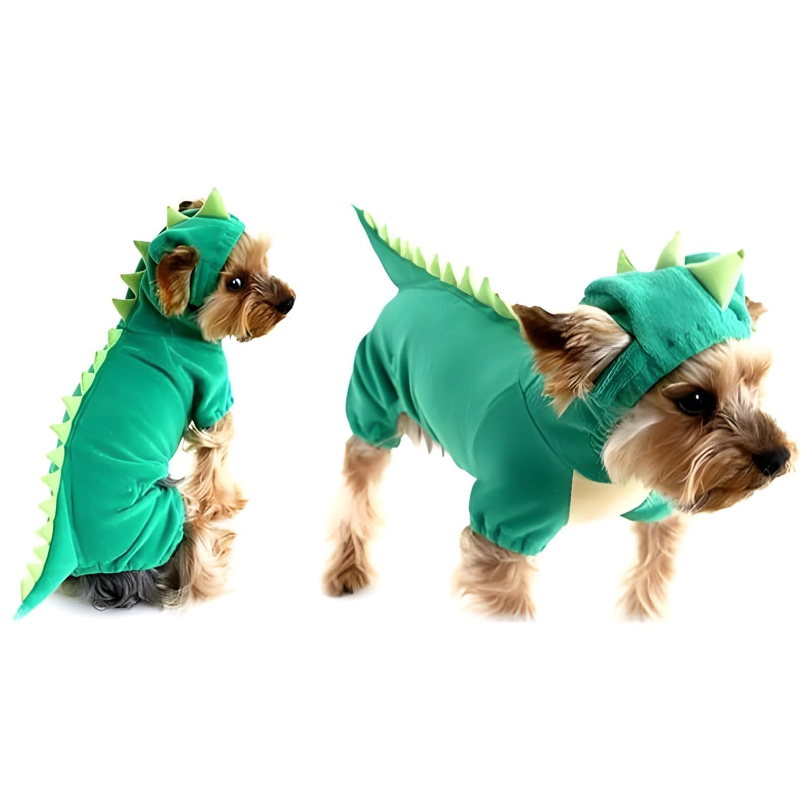 Hotumn dinosaur dog costume with its dinosaur-head hood clearly visible.