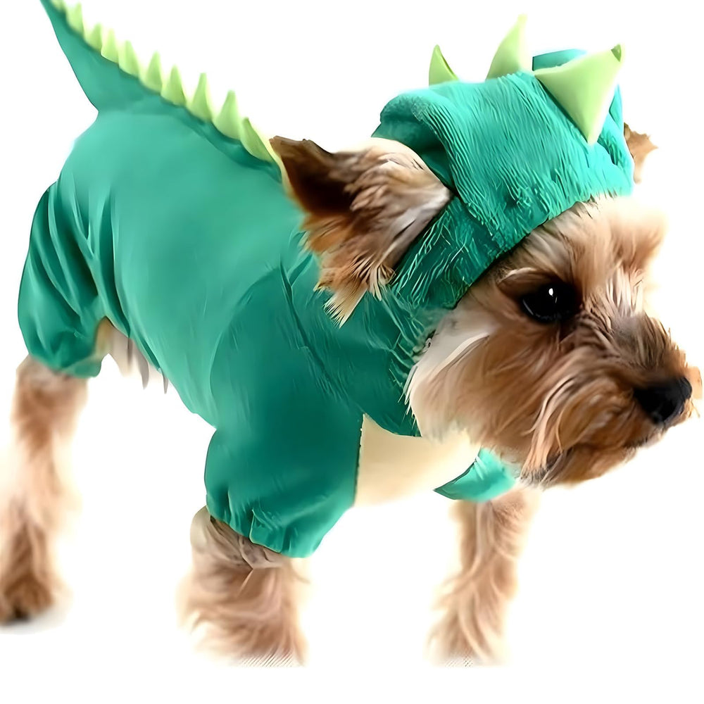 Hotumn dinosaur dog costume shown from the front, highlighting its green design.