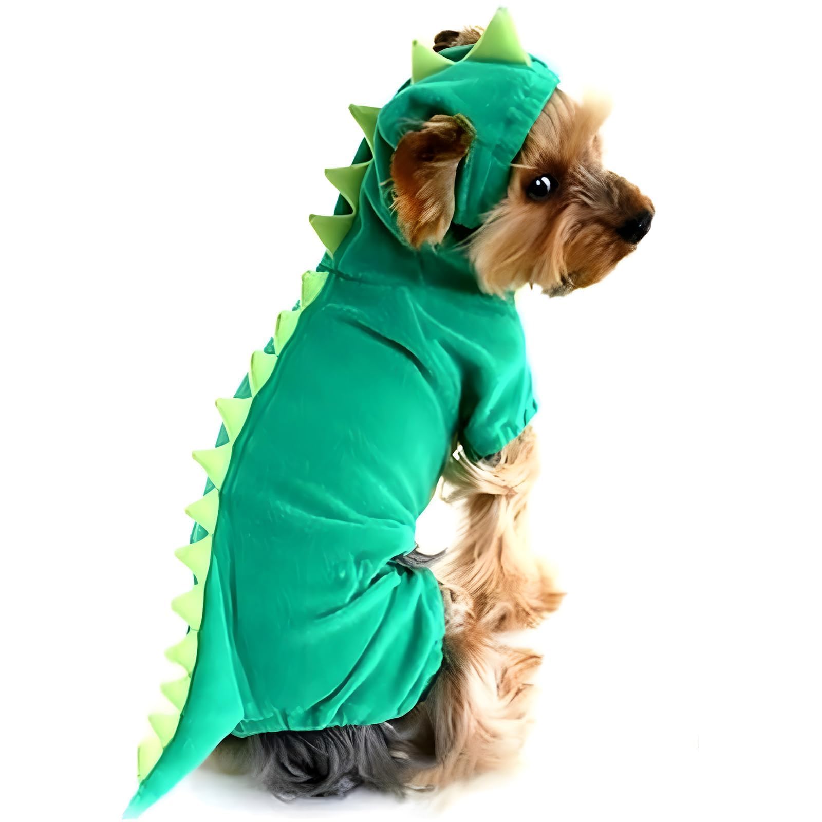 Hotumn dinosaur dog costume shown on a pet for a themed outfit view.
