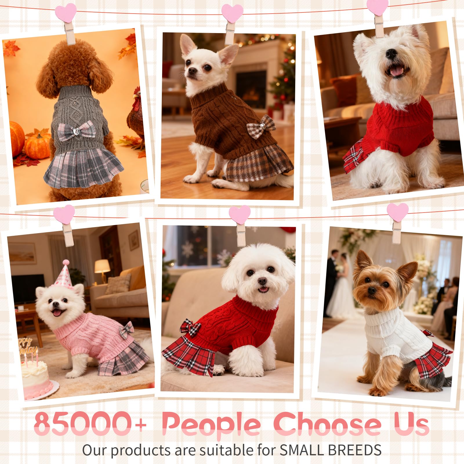 Hpetppy dog sweater dress with a close view of its knitted diamond pattern.