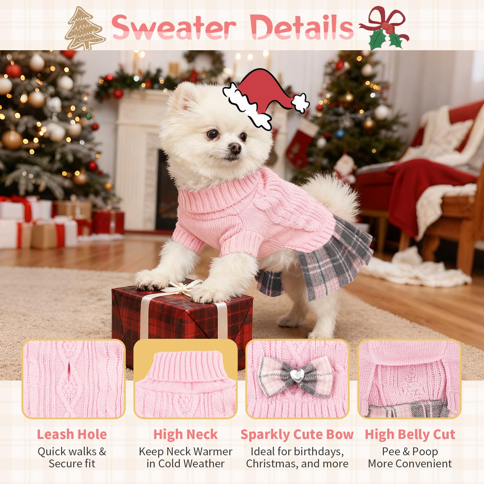 Hpetppy dog sweater dress showing the gingham patchwork and rhinestone bow.