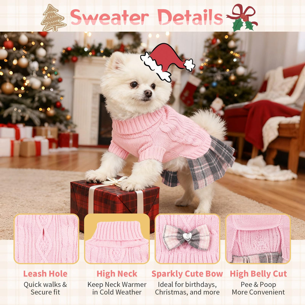 Hpetppy dog sweater dress showing the gingham patchwork and rhinestone bow.