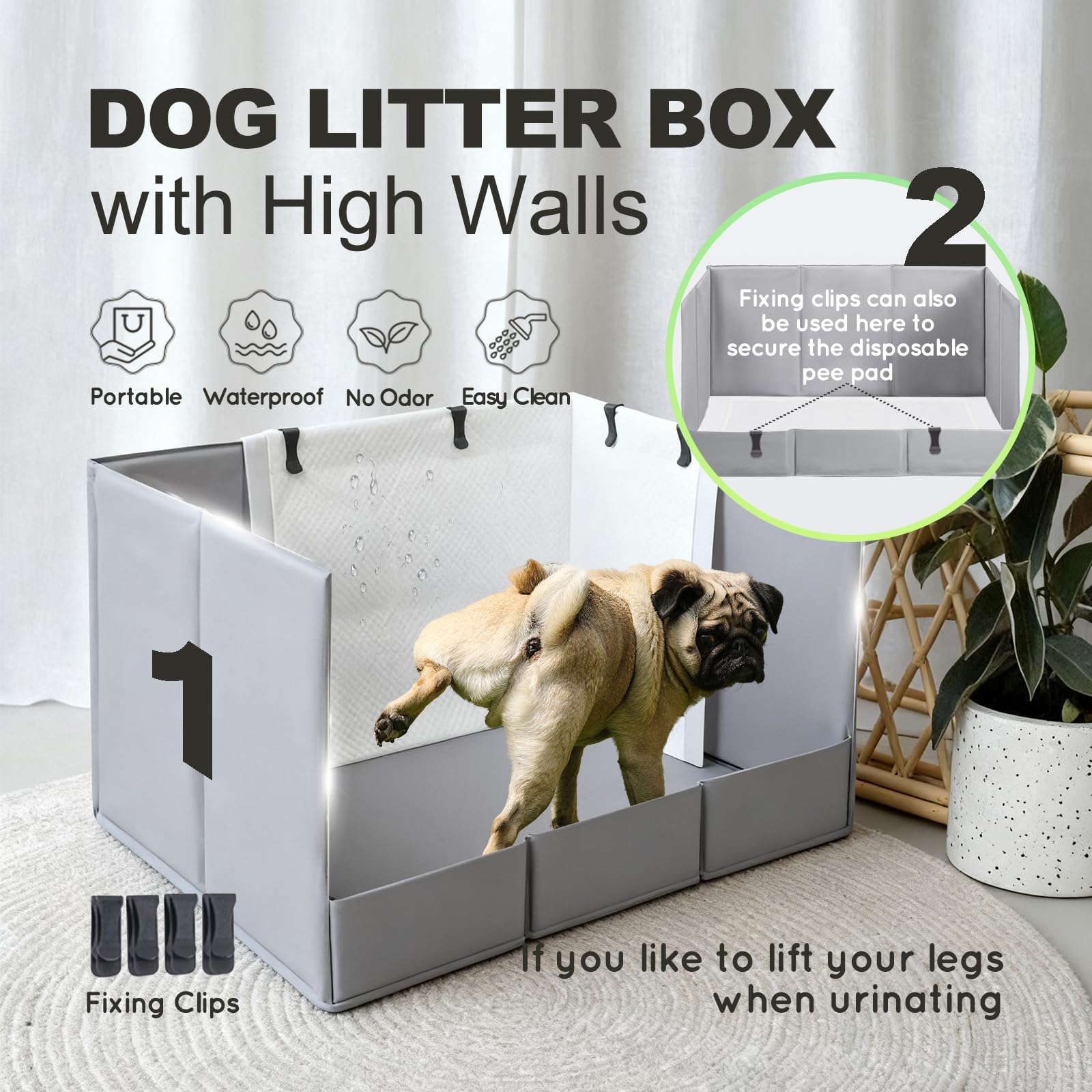 HQ4US 4LEGS dog litter box showing the three raised splash-containment walls.