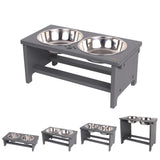 HTB Elevated Dog Bowl Stand shown from the front with both stainless steel bowls in place.