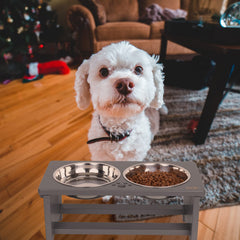 HTB Elevated Dog Bowl Stand showing the side-panel bumps that serve as handles.
