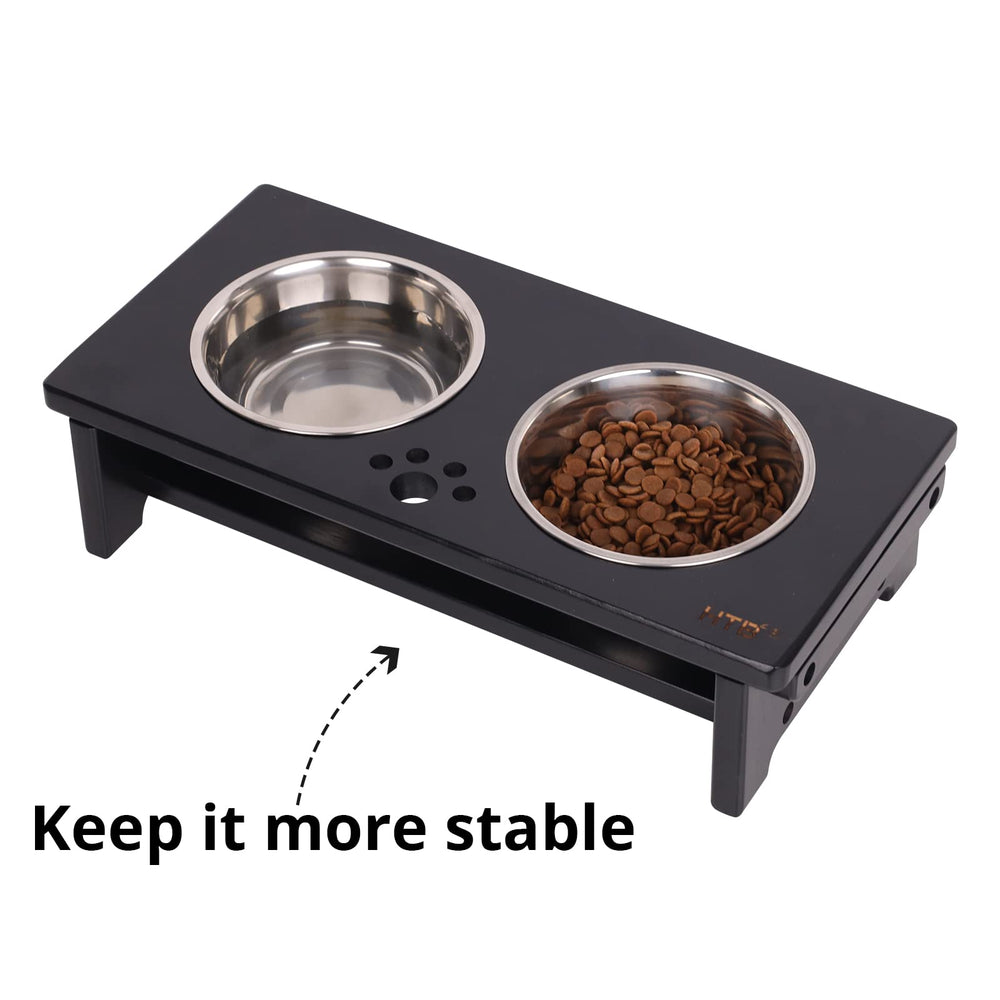 HTB elevated dog bowl stand close-up showing its smooth bamboo surface.