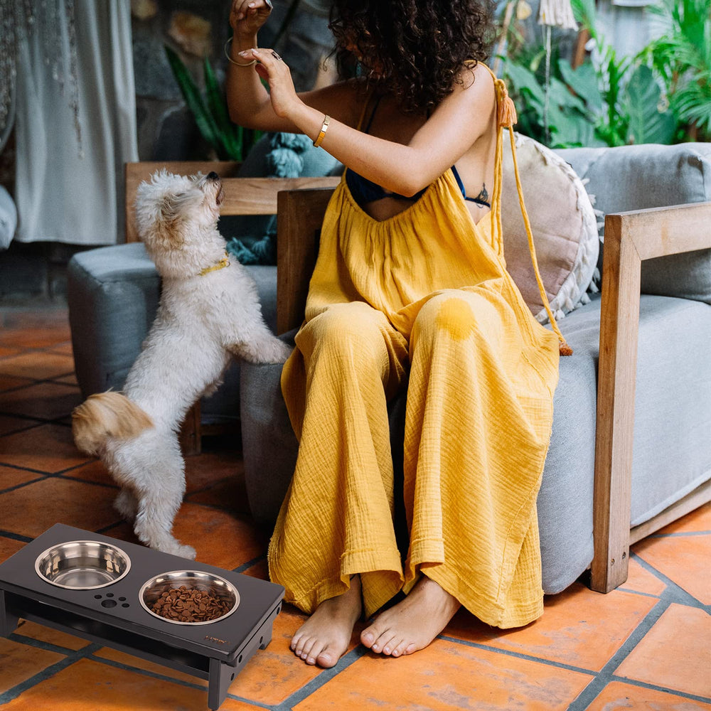 HTB elevated dog bowl stand shown from a side angle.