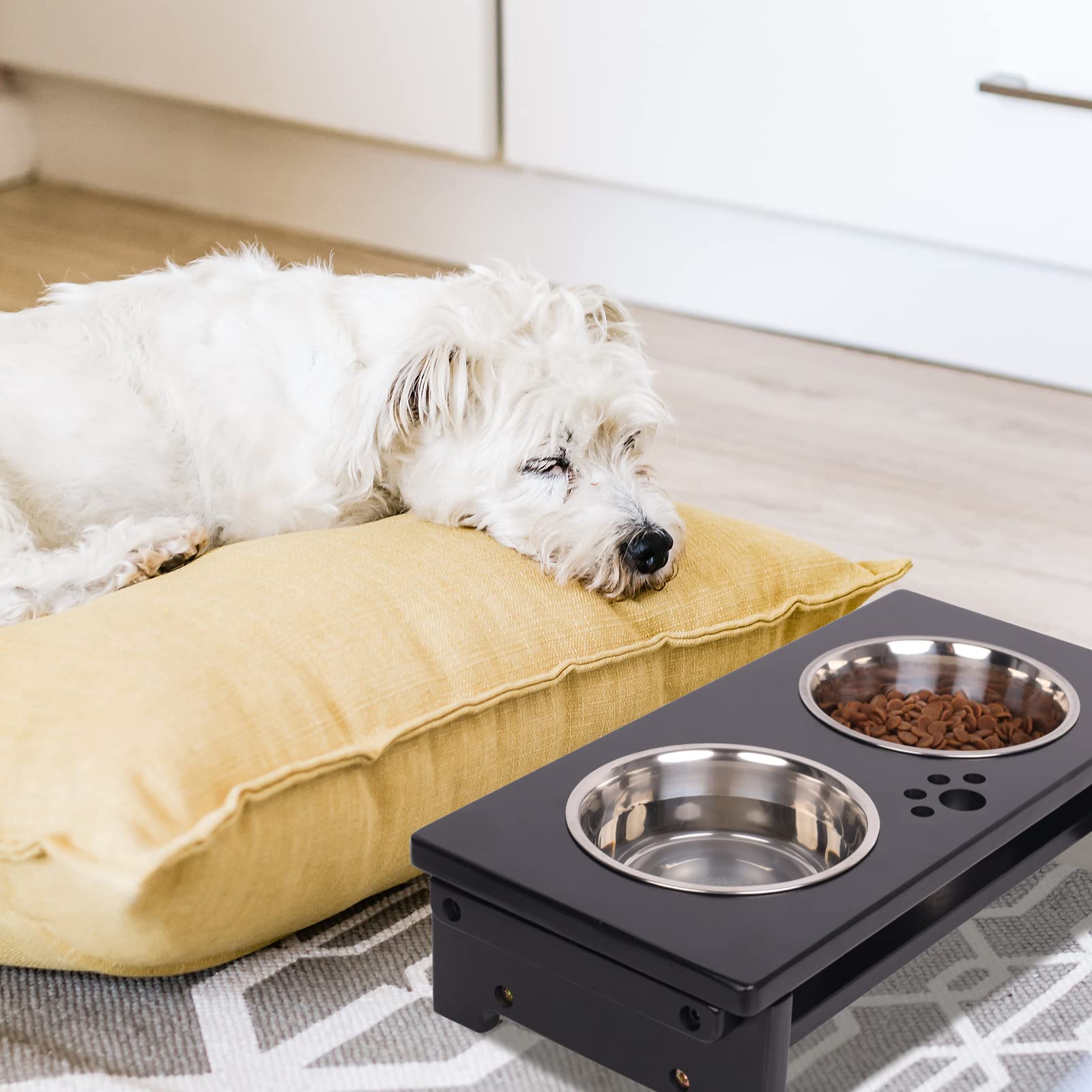 HTB elevated dog bowl stand with its two stainless steel bowls.