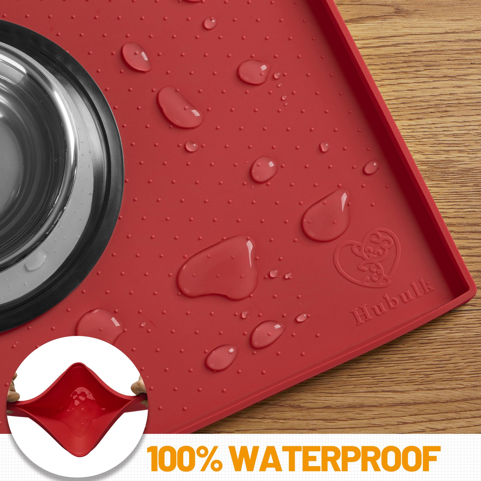 Hubulk dog feeding mat placed beneath pet food and water bowls.