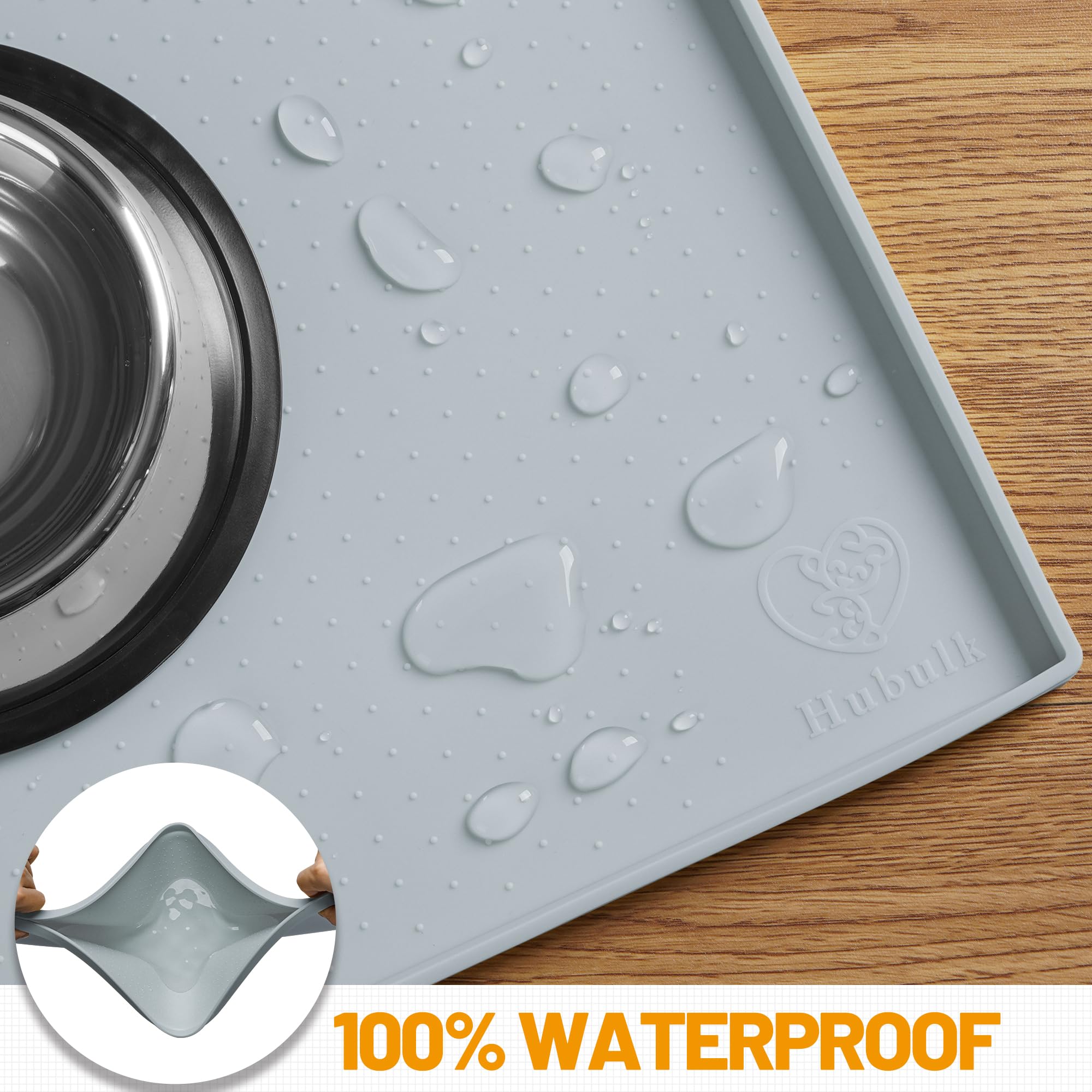 Hubulk Dog Feeding Mat beneath pet food and water bowls.