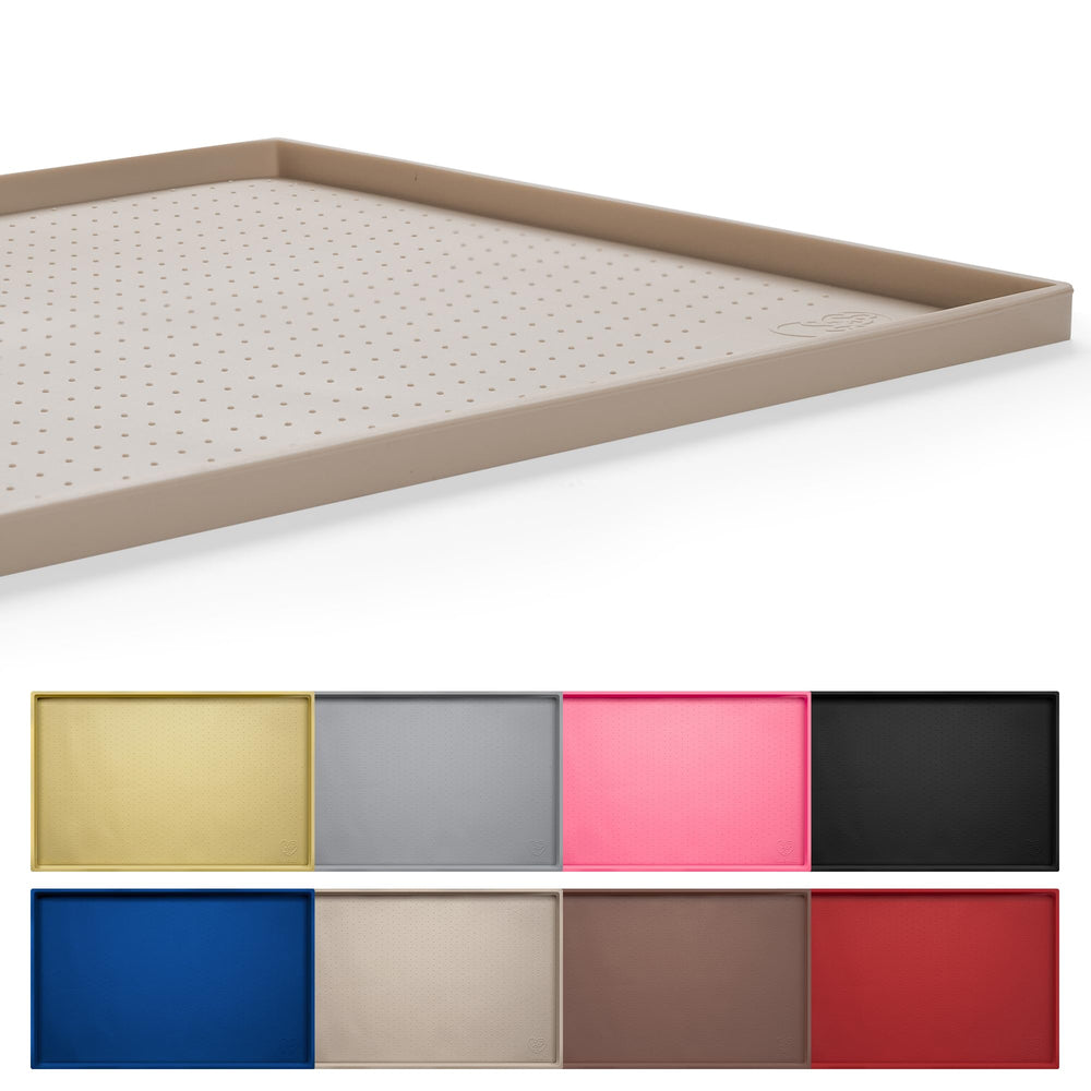 Hubulk dog feeding mat shown from the front in taupe.