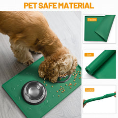 Hubulk Dog Feeding Mat placed beneath pet food and water bowls.
