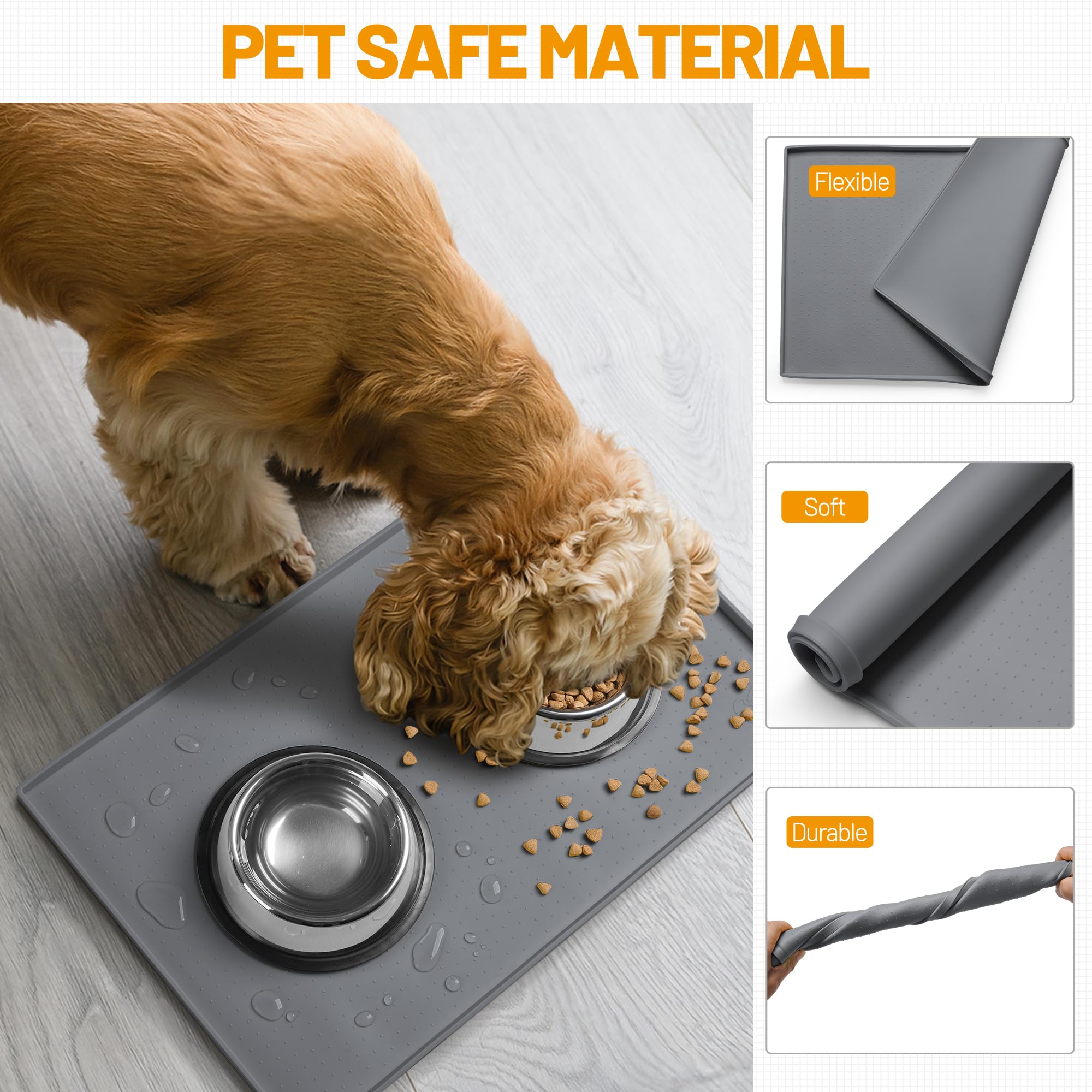 Hubulk dog feeding mat positioned beneath a pet water fountain.