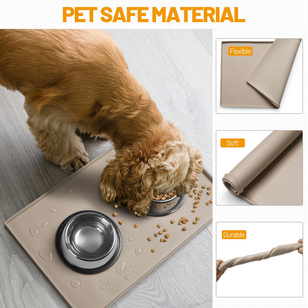 Hubulk dog feeding mat positioned beneath a pet water fountain.